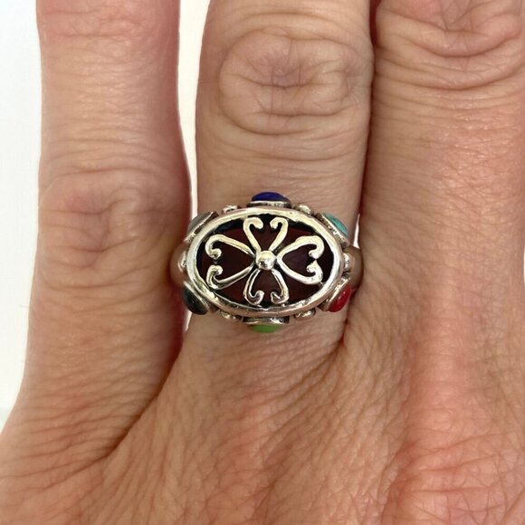 Sterling Silver 925 Oval Scrollwork Bali Multi Gemstone Scrollwork Ring 5.75 - Picture 1 of 16